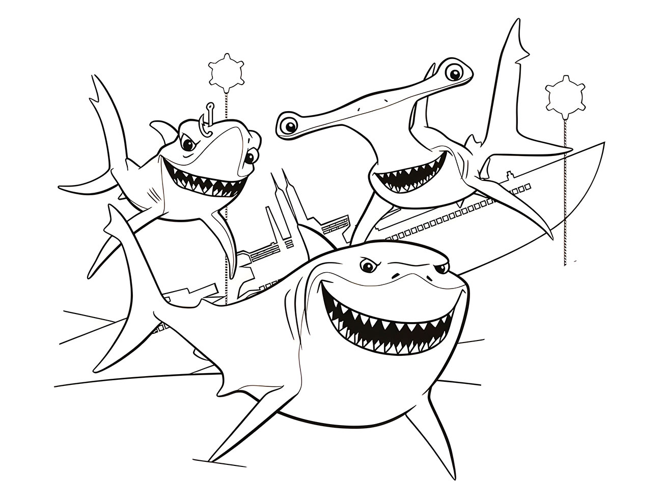 Coloring page of multiple sharks.