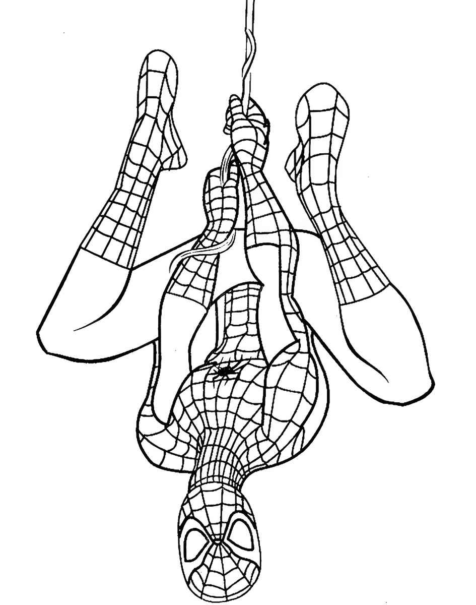 Spider-Man hanging upside down holding a web coloring page