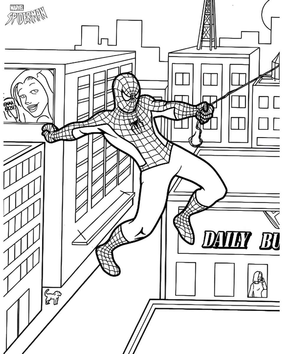 Spider-Man flying between buildings coloring page