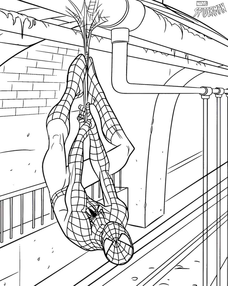 Spider-Man hanging upside down holding a web coloring page