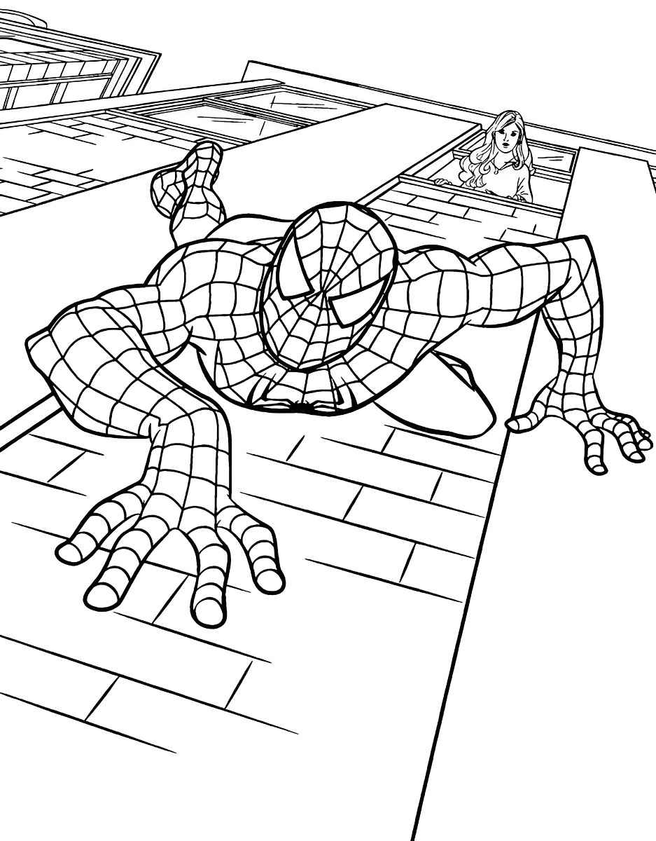 Spider-Man exiting Mary Jane's building coloring page