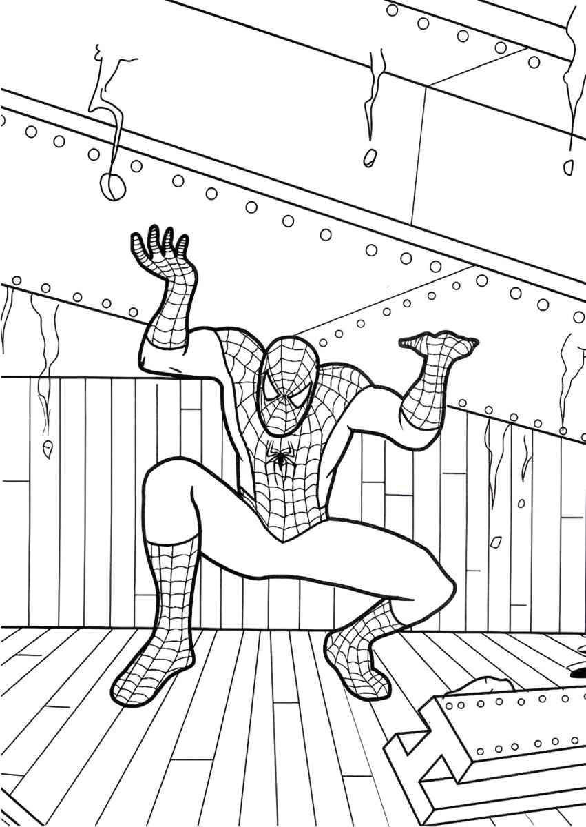 Spider-Man lifting an iron platform coloring page