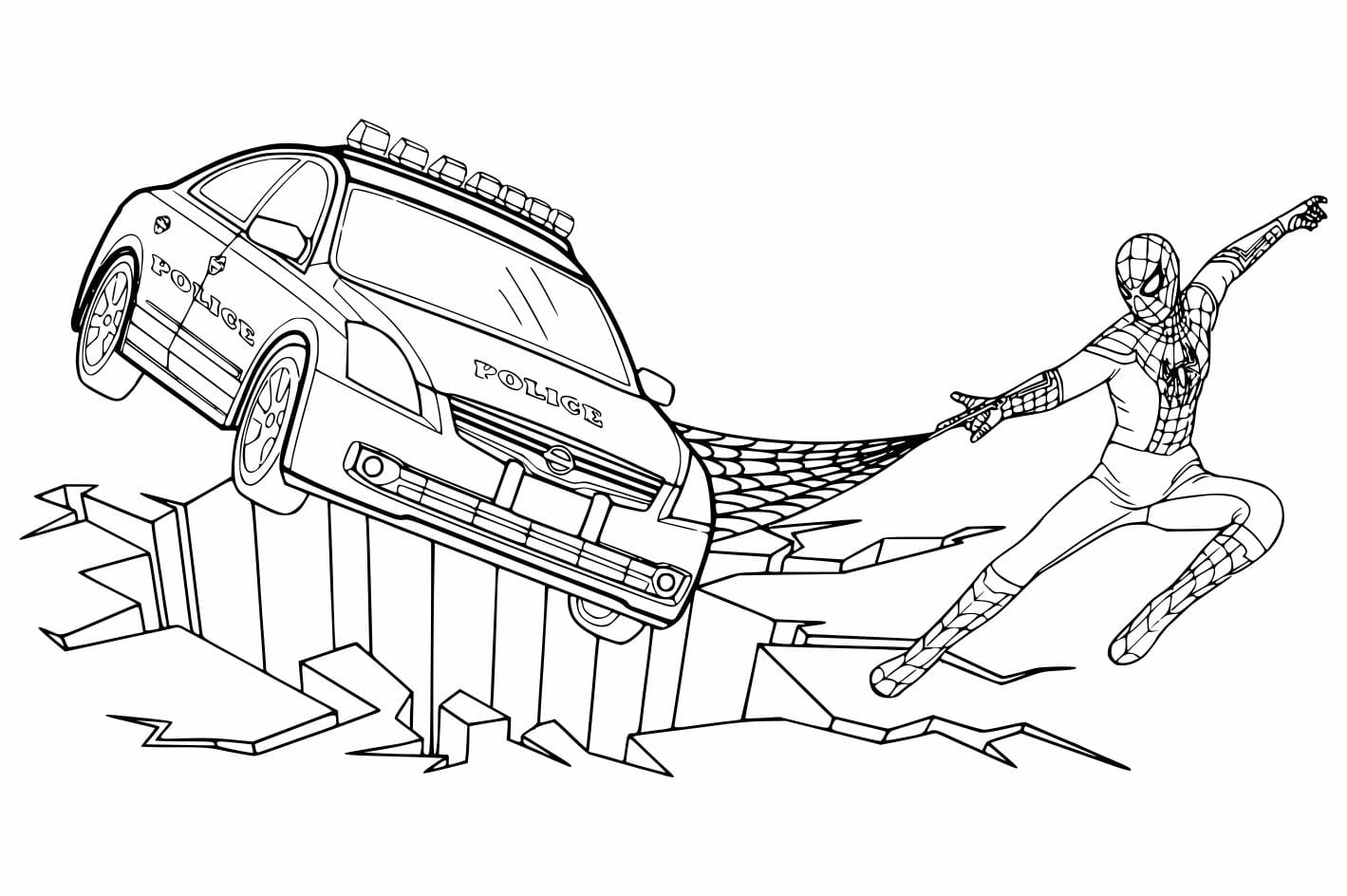 Spider-Man coloring page shooting web at car.