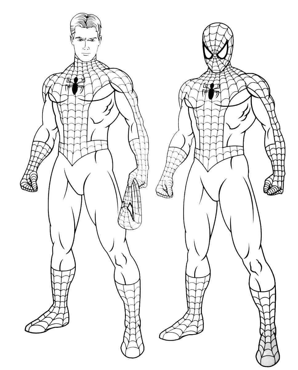 2 images of Spider-Man, one with mask and one without coloring page