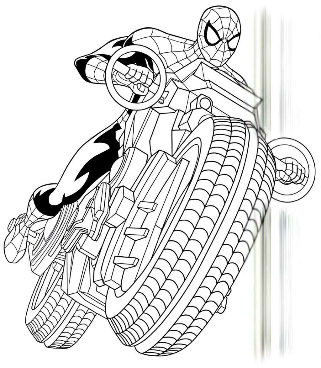 Spider-Man on motorcycle coloring page.