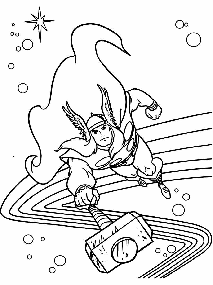 Coloring page of Thor, wielding his hammer Mjolnir.