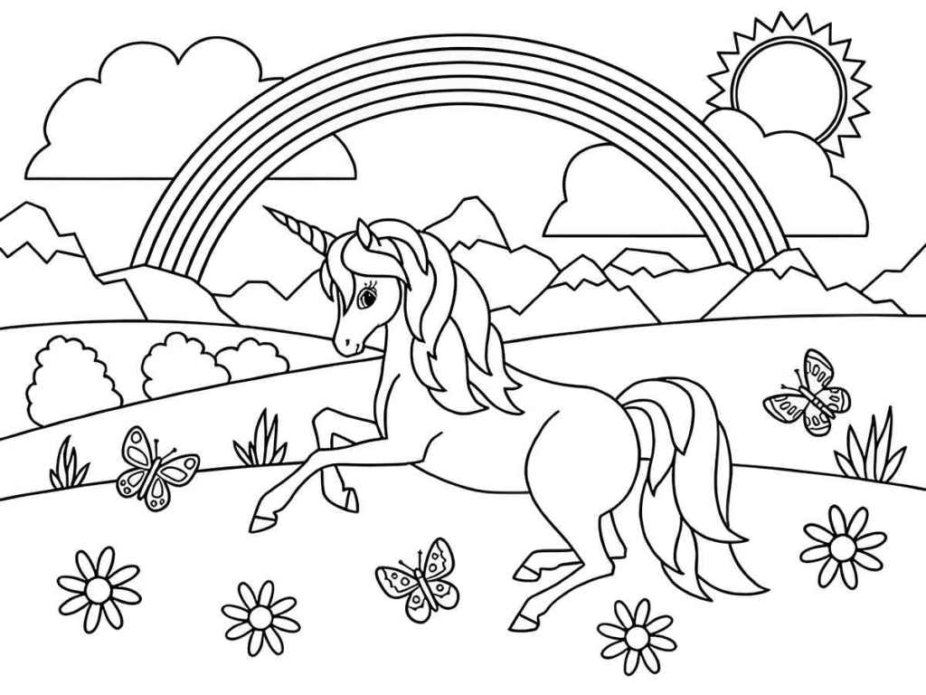 Unicorn with rainbow coloring page.