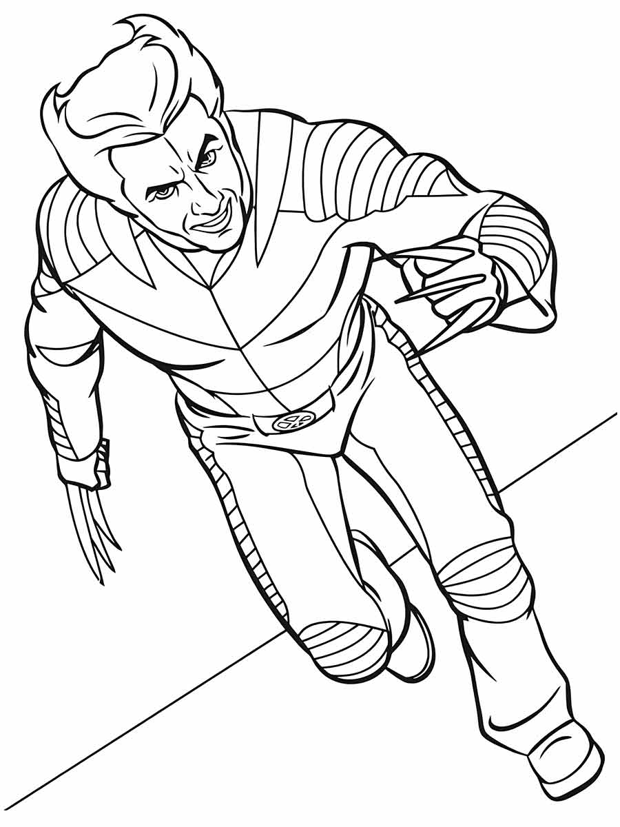 Coloring page of Wolverine, a popular X-Men hero with claws and a yellow-blue suit.